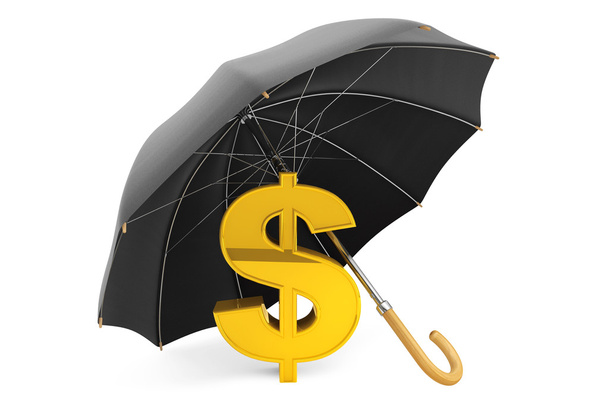 Концепції захисту грошей. Золотий знак долара під парасолькою - Фото, зображення