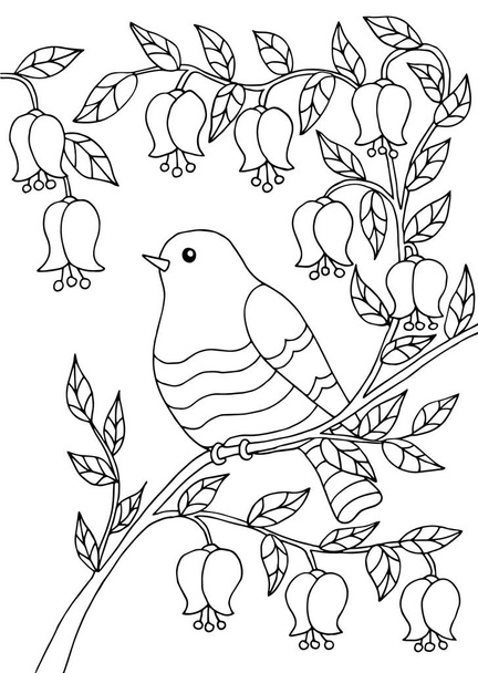 Bird sitting on a branch, coloring page - Vector, afbeelding