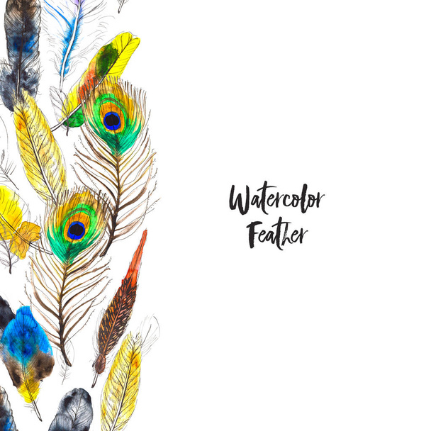 Watercolor frame with colorful feathers on white background - Photo, Image