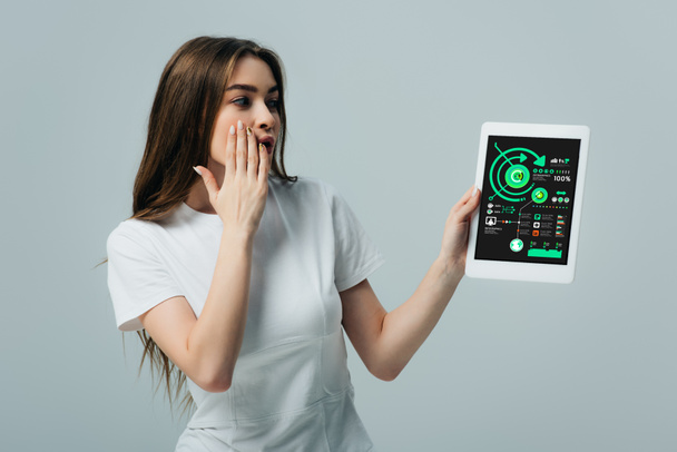 shocked beautiful girl in white t-shirt showing digital tablet with infographics app isolated on grey - Fotó, kép