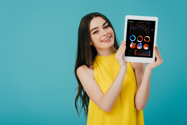 beautiful girl in yellow dress showing digital tablet with financial app isolated on turquoise - Foto, imagen