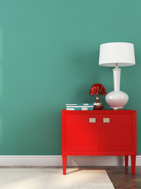 czerwony komoda z szufladami i lampa - Zdjęcie, obraz