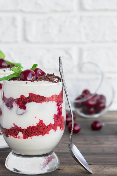 Trifle red velvet with cherry - Photo, Image