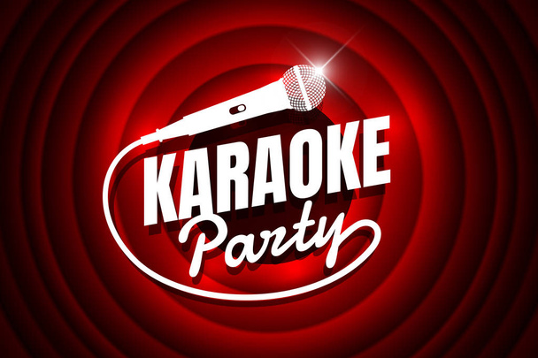 Karaoke party night live show open mike sign on empty theatre cinema ending stage. Microphone against red curtain drape backdrop. Mic vector music nightlife event illustration - Vector, Image