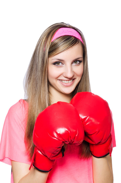 Nuori nainen nyrkkeilyhanskat valkoinen
 - Valokuva, kuva