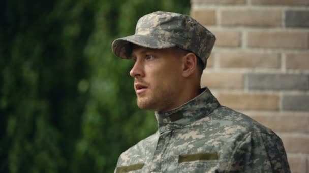Upset soldier remembering military service, social program to support veterans - Felvétel, videó
