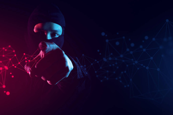 hacker mask man with finger, robotic system online, data deep learning, server security hacking, ui ai, anti-virus network concept, internet of things - Valokuva, kuva