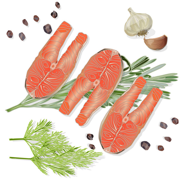 Raw salmon fillets with herbs on white background. Vector illust - Vector, Image