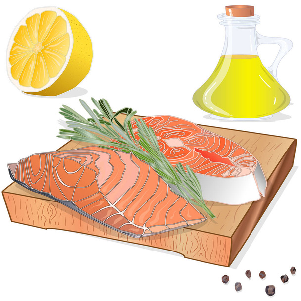 Raw salmon fillets with herbs on wooden dwsk. White background.  - Vector, Image