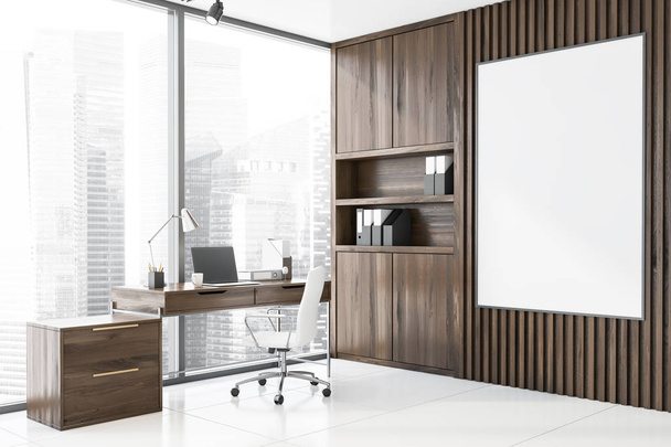 Corner of panoramic wooden CEO office with poster - Foto, imagen