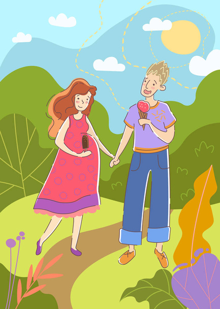 Young couple with pregnant wife walking hand in hand in a park in summer enjoying ice creams as they await the birth of their unborn baby, colored cartoon vector illustration - Vector, Image