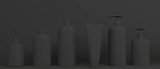 3d render mockup of cosmetic bundle for skin hair care. Black plastic bottles and tubes with black caps in row on white backdrop. Branding identity. - Photo, Image