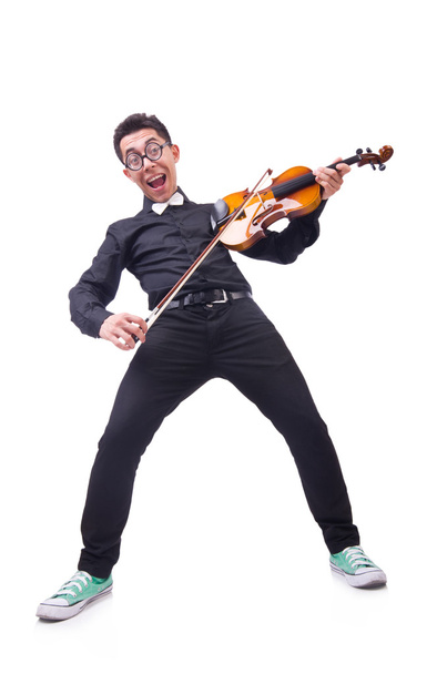 Funny man with violin on white - 写真・画像