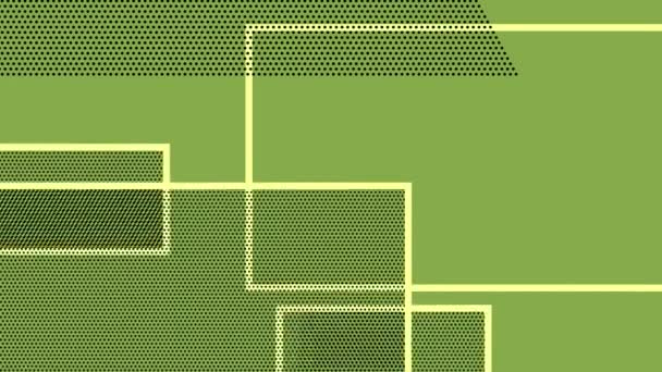 Animation of yellow outline rectangles and black dot rectangles converging and disappearing on a green background - Záběry, video