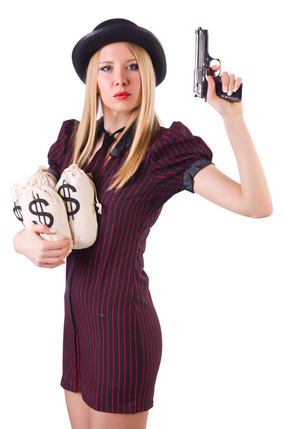 Mulher gangster com arma e dinheiro - Foto, Imagem