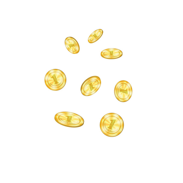 Realistiset kultakolikot putoavat ylhäältä. Keltainen metalli rahaa eristetty valkoisella taustalla
 - Valokuva, kuva