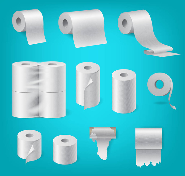 Реалистичный набор бумажных рулонов, кухонное полотенце, упакованная туалетная бумага, кассовая лента
 - Вектор,изображение