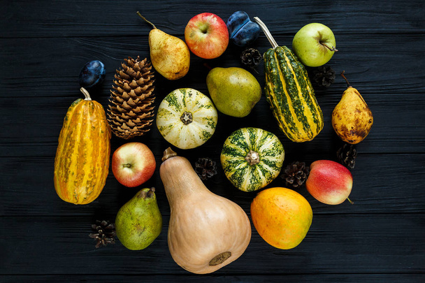 Kurpitsat, päärynät, luumut, omenat musta puinen pöytä, ylhäältä näkymä, vapaata tilaa tekstiä. Kiitospäivä koostumus vihanneksia ja hedelmiä tumma puinen tausta. Syksyn sadonkorjuukäsite
 - Valokuva, kuva