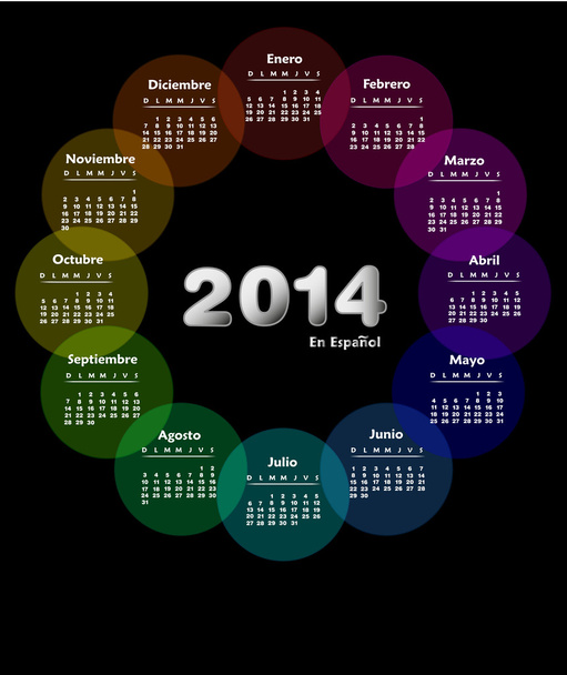 kleurrijke kalender voor 2014 in het Spaans. week begint op zondag - Vector, afbeelding
