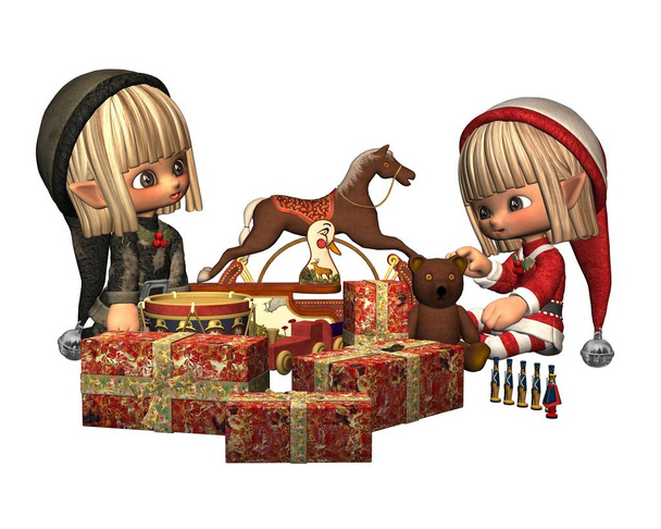 Two cute Christmas elves wrapping gifts, 3d digitally rendered illustration - Photo, Image