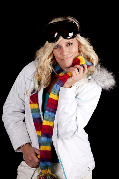 Woman white coat hold scarf - Foto, imagen