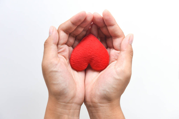 coração na mão para conceito de filantropia - mulher segurando coração vermelho
 - Foto, Imagem