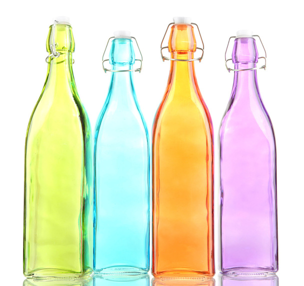 Empty color glass bottles, isolated on white - Foto, Imagen