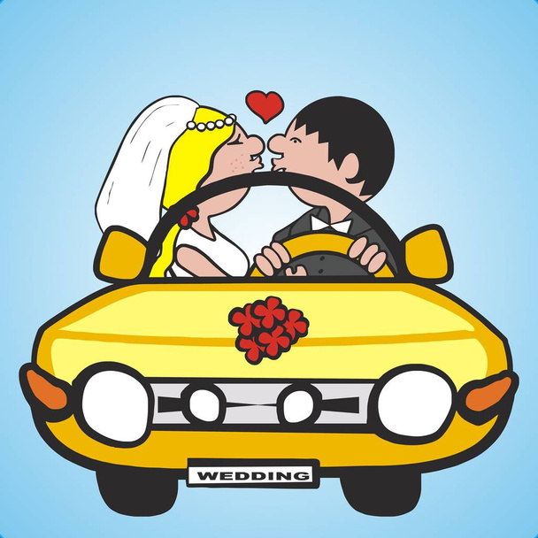  νεαρή κυρία και ο άνθρωπος κάθονται στο αυτοκίνητο, γάμος, απεικόνιση διάνυσμα, μπλε φόντο - Διάνυσμα, εικόνα
