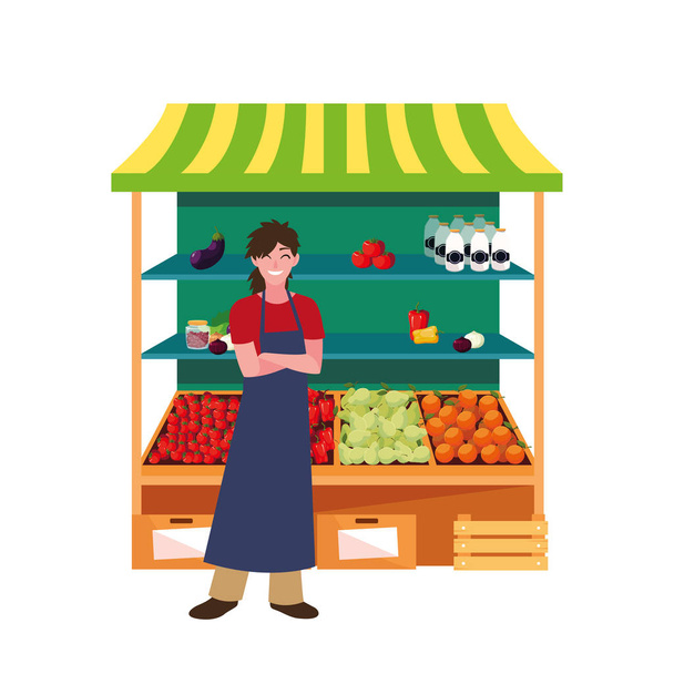 vendedor mujer granja productos stand
 - Vector, imagen