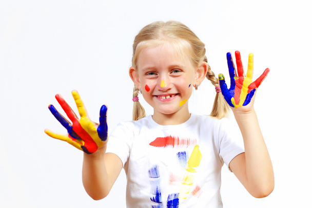 happy child with paint on the hands - Foto, Imagem
