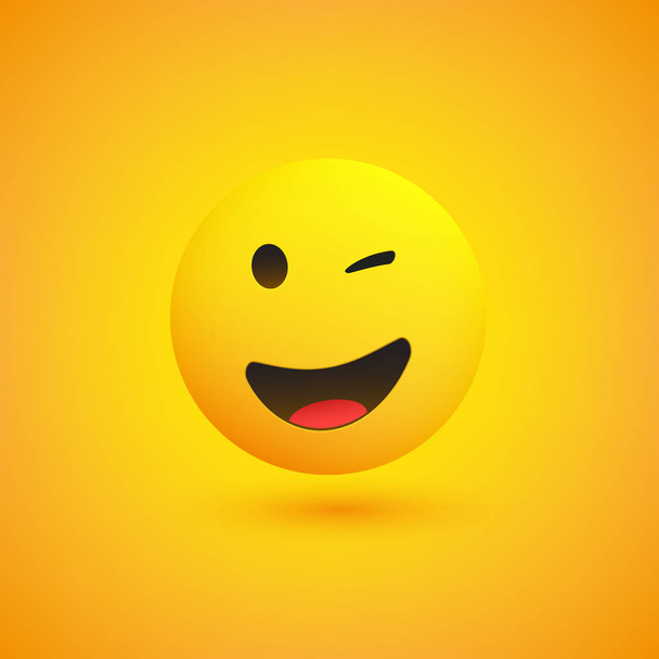 Smiling and Winking Emoji - Simple Shiny Happy Emoticon on Yellow Background - Vector Design - Vecteur, image