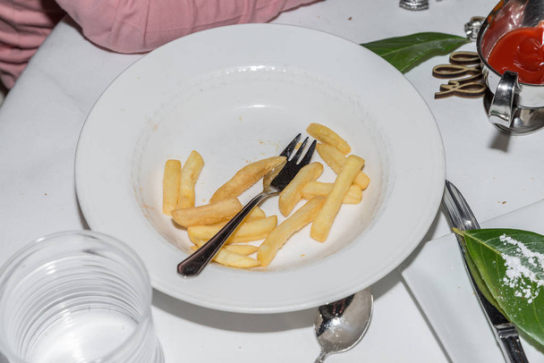 Half empty plate with french fries of a child, Germany - Foto, Imagem