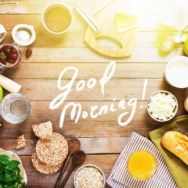 Healthy ingredient for breakfast egg oatmeal fruit - Foto, immagini
