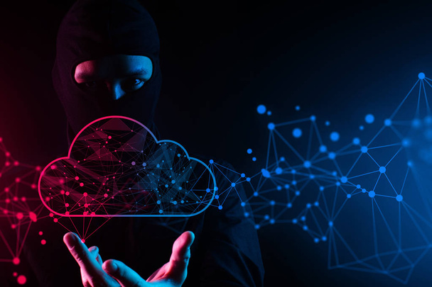 hacker mask man hand, cloud storage and anti-virus attack network, robotic system online, data deep learning, server security hacking, hologram ui ai - Фото, зображення