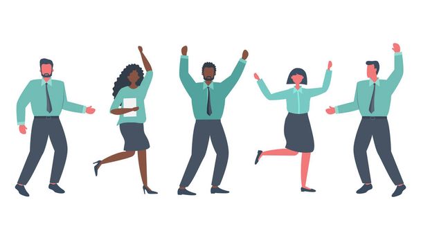 Οι εργάτες του γραφείου γιορτάζουν τη νίκη. Οι χαρούμενοι υπάλληλοι χορεύουν και πηδούν. Διεθνής ομάδα επιχειρηματικών ανθρώπων. Περίεργο επίπεδο στυλ. Απεικόνιση διανυσματικών φορέων - Διάνυσμα, εικόνα