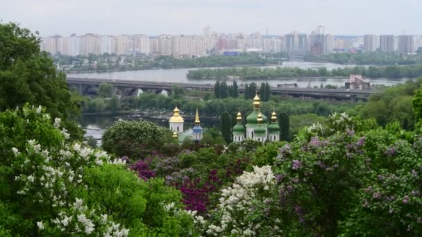 雨の教会が咲くライラックウクライナ4kビデオの後の春キエフパノラマ - 映像、動画