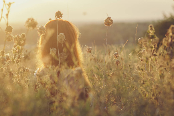 head backof red-haired girl sitting on the ground in a field among dried flowers and enjoys nature at sunset, young woman relaxing, concept of rest, healthcare, harmony, lifestyle - Photo, image
