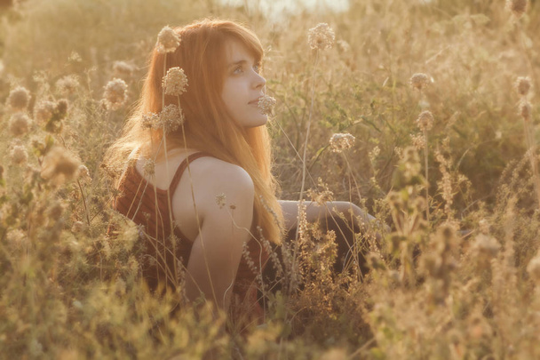 rüya gibi kızıl saçlı kız kurutulmuş çiçekler arasında bir alanda yere oturur ve gün batımında doğa sahiptir, genç kadın rahatlatıcı, dinlenme kavramı, sağlık, uyum, yaşam tarzı - Fotoğraf, Görsel