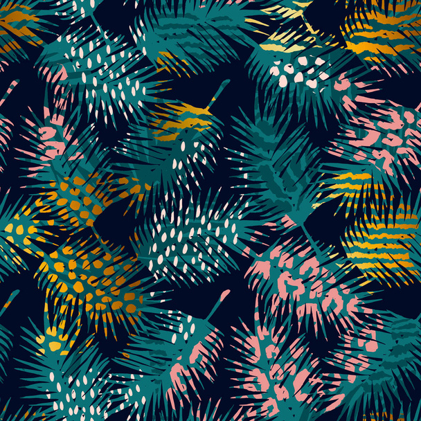 Trendy seamless exotic pattern with palm, animal prints and hand drawn textures - Вектор,изображение