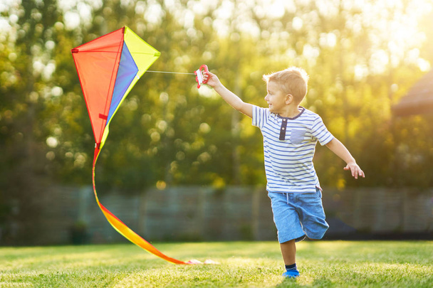 Ευτυχισμένος 3 χρονών αγόρι που διασκεδάζει παίζοντας με χαρταετό - Φωτογραφία, εικόνα
