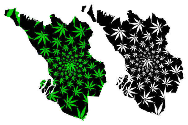 Selangor (Stati e territori federali della Malesia, Federazione della Malesia) mappa è progettato foglia di cannabis verde e nero, Selangor Darul Ehsan mappa fatta di marijuana (marijuana, THC) fogliame
 - Vettoriali, immagini