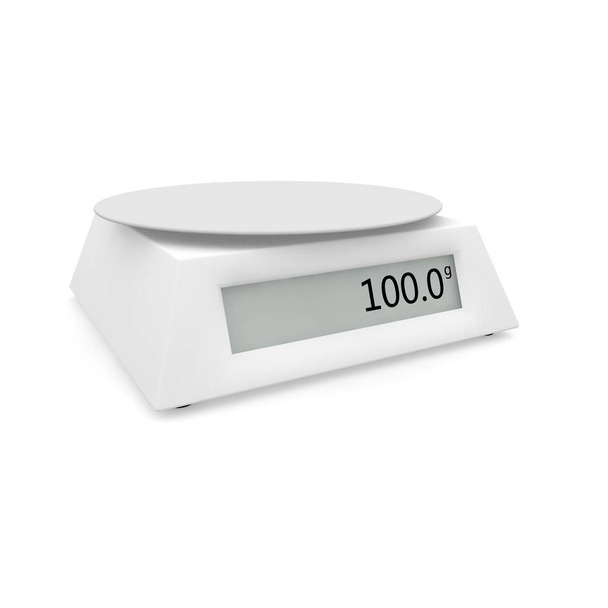 Les balances électroniques montrent 100 grammes, sur un fond blanc isolé. Il y a un espace libre pour votre design
 - Photo, image