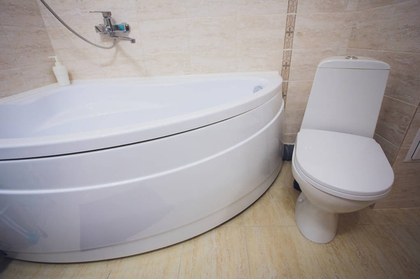 white toilet in modern home, white toilet bowl in cleaning room, flushing liquid in toilet, private toilet in modern room, - Fotó, kép