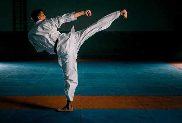 ein Karate-Kata-Trainer isoliert auf dunklem Hintergrund - Foto, Bild