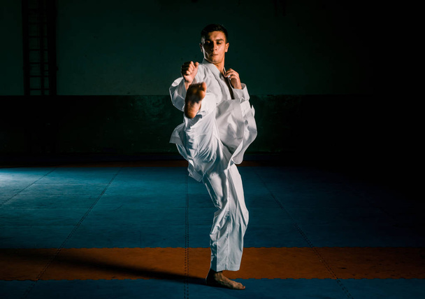 A férfi egy kimonó gyakorló karate mozog - Fotó, kép