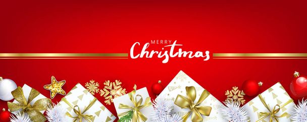 Red horizontal Christmas banner with gift boxes and golden snowflakes with 3D effects - Διάνυσμα, εικόνα