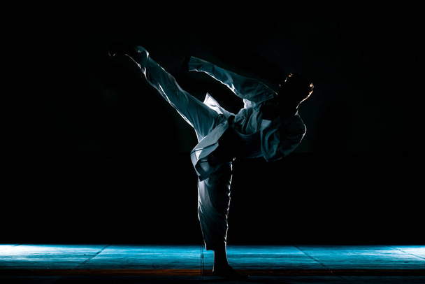 Young man is practicing martial arts in sport gym - Φωτογραφία, εικόνα