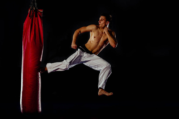 Агрессивный боксер на тренировке с боксерской грушей
 - Фото, изображение