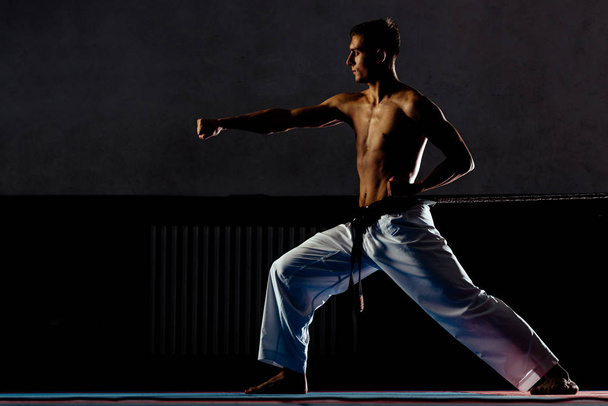 Retrato de un maestro de artes marciales sobre el fondo negro
 - Foto, imagen