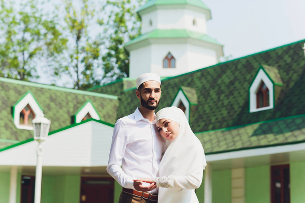 National wedding. Bride and groom. Wedding muslim couple during the marriage ceremony. Muslim marriage. - Foto, Bild